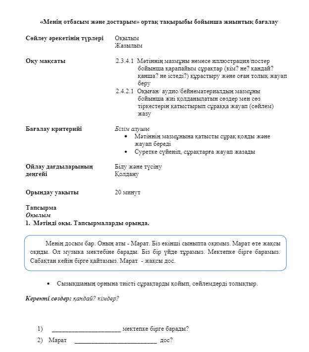 БЖБ «Қазақ тілі»  1 тоқсан 2-сынып «Менің отбасым және достарым» ортақ тақырыбы