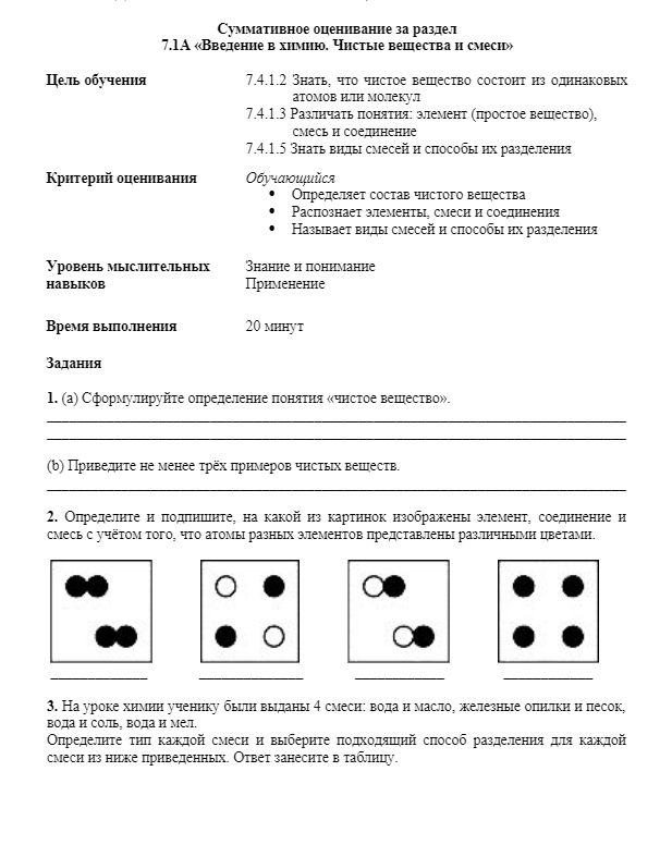 СОР Химия 7 класс 1 четверть за раздел «Введение в химию. Чистые вещества и смеси»