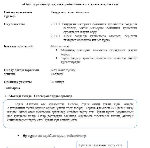 БЖБ «Қазақ тілі (Т1)» 2-сынып 1-тоқсан «Өзім туралы»