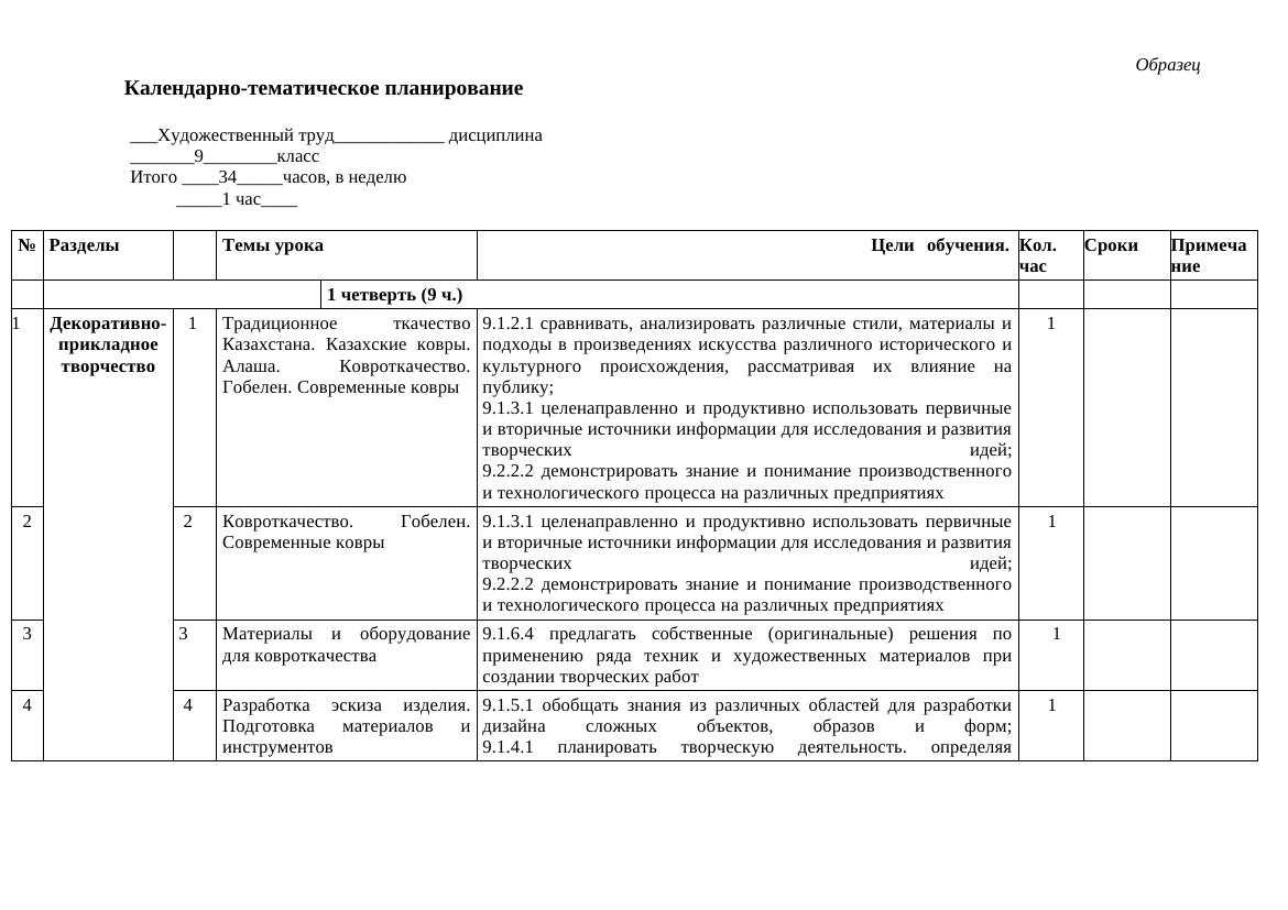 18 КТП Художественный труд 9 класс