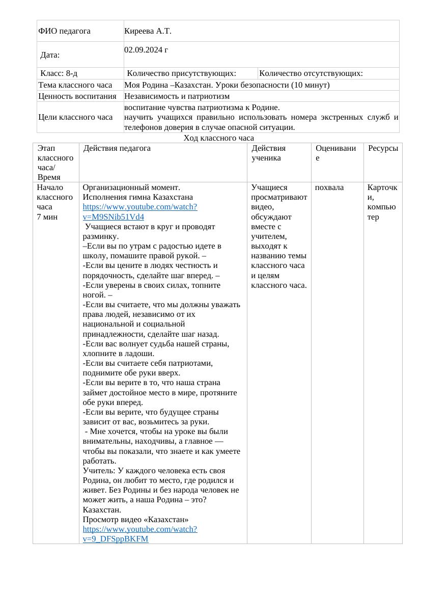 Классный час "Моя Родина – Казахстан": патриотизм и безопасность