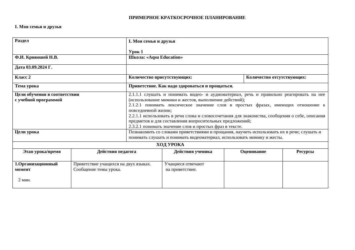 2кл ксп 1-4четверть КРАТКОСРОЧНОЕ ПЛАНИРОВАНИЕ