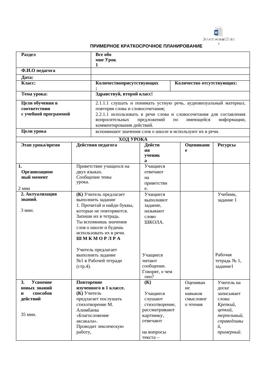 2класс .ксп.КРАТКОСРОЧНОЕ ПЛАНИРОВАНИЕ