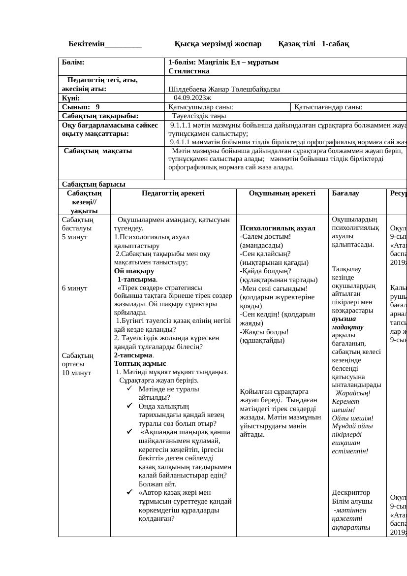 9 сынып Қазақ тілі ҚМЖ 1 тоқсан 2023 2024ж