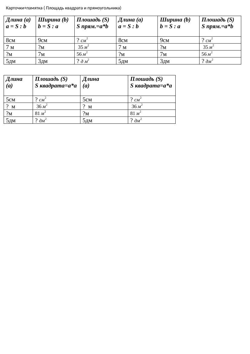 Карточки 3 класс  Площадь квадрата и прямоугольника