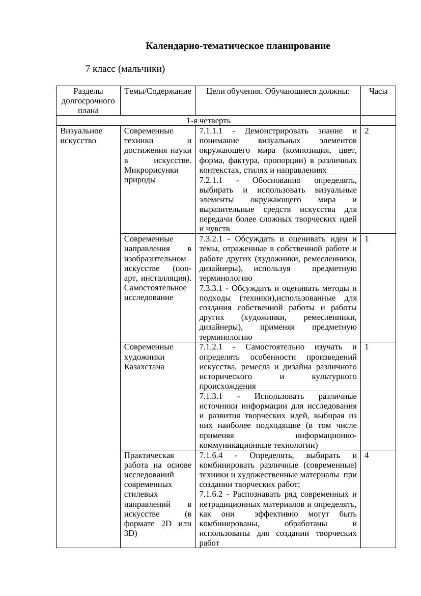 КТП по предмету «Художественный труд» 7 класс (для мальчиков)
