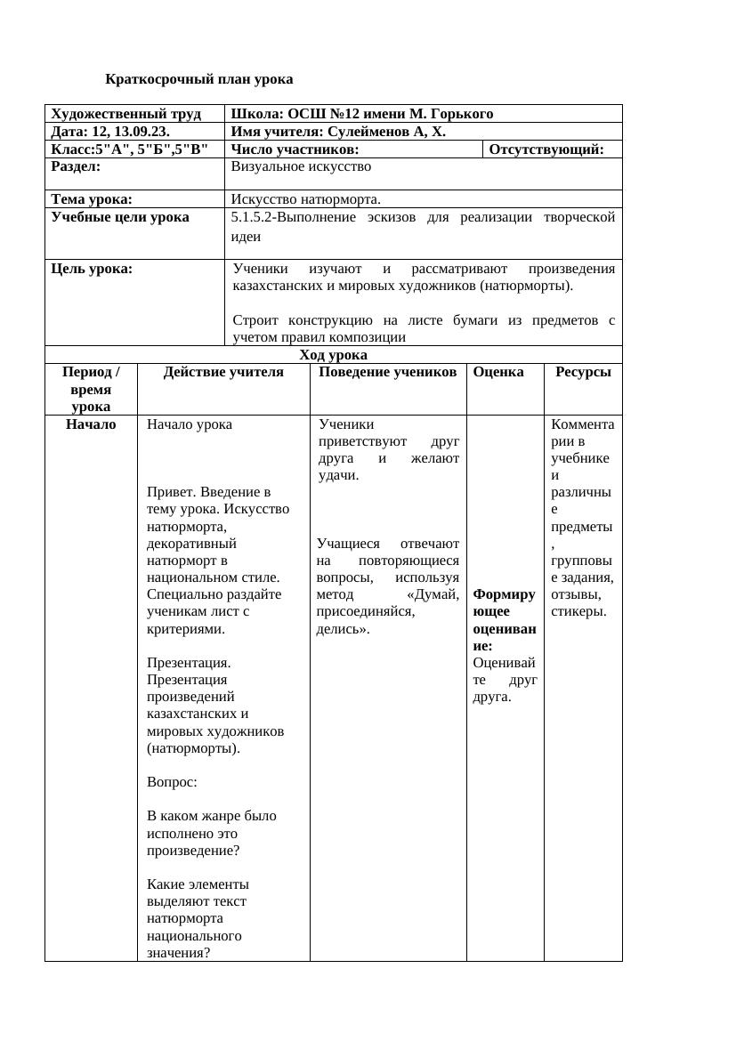 Поурочные планы 1 чт 5 класс худ труд 3 урок